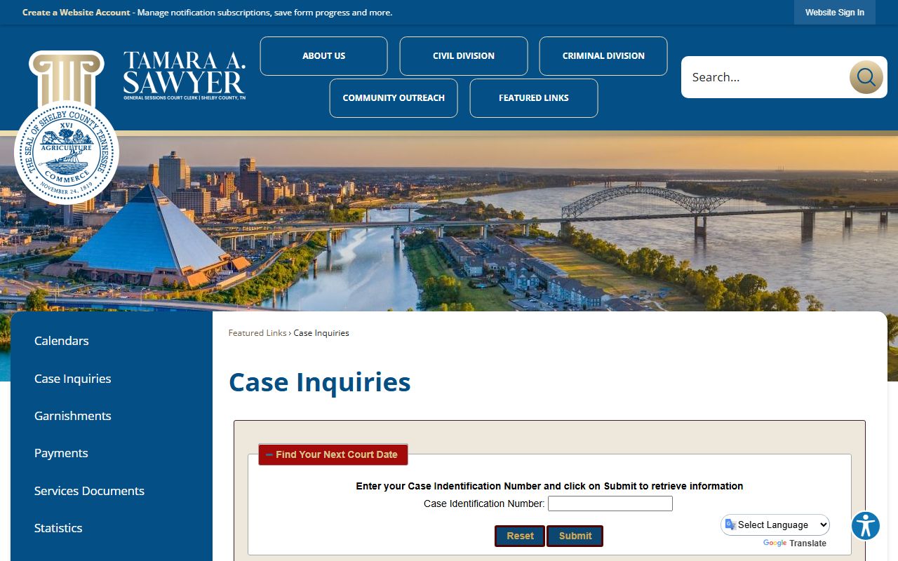 Memphis Court Docket case inquiry page